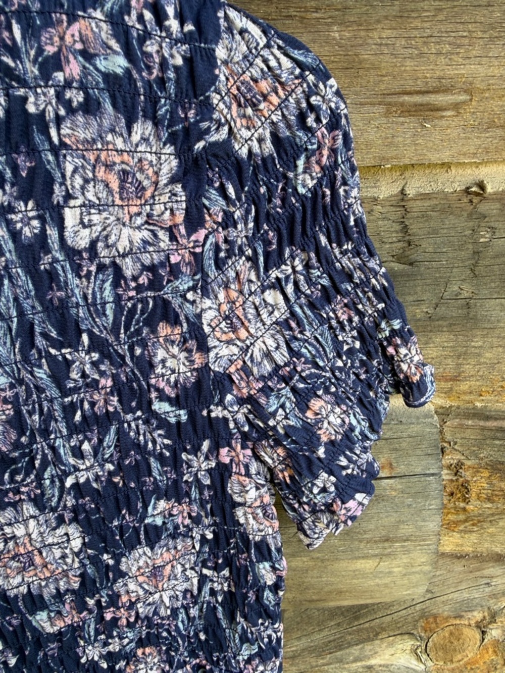Style & Co. Navy Floral Smocked Peplum Top with Pink Accents - Picture 3 of 5